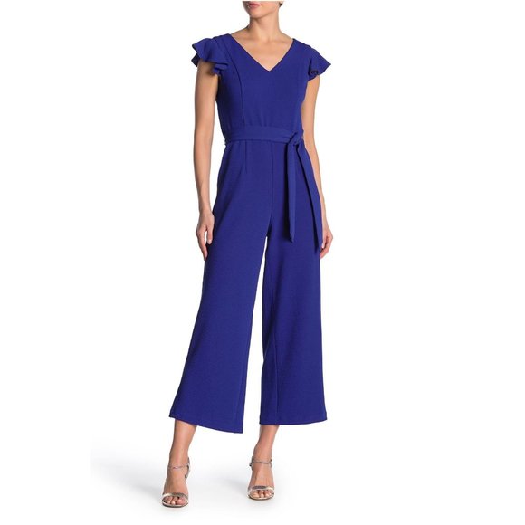 TAHARI Cobalt V-Neck Ruffle Sleeve Jumpsuit 8 NEW - Picture 9 of 10
